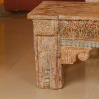 Antique finish carved wooden bench with detailed floral and geometric motifs