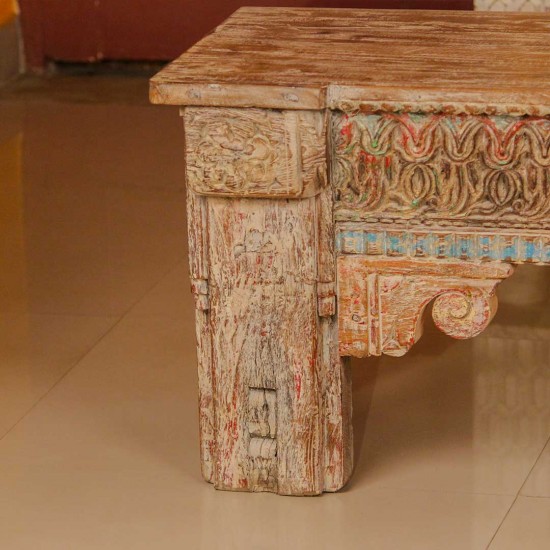 Antique finish carved wooden bench with detailed floral and geometric motifs