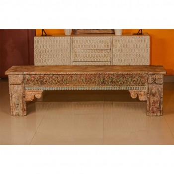 Antique finish carved wooden bench with detailed floral and geometric motifs