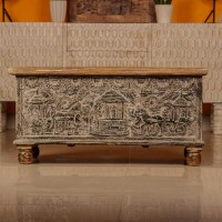 Tribal art carved wooden treasure box – handcrafted decorative pitara