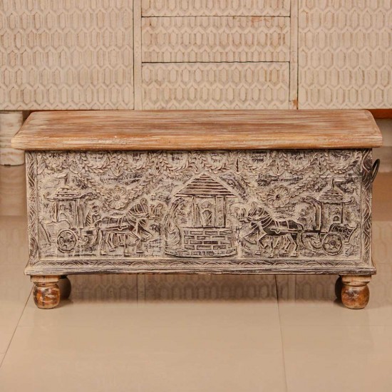 Tribal art carved wooden treasure box – handcrafted decorative pitara