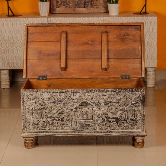 Tribal art carved wooden treasure box – handcrafted decorative pitara