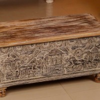 Tribal art carved wooden treasure box – handcrafted decorative pitara