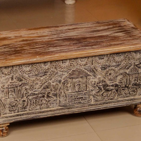 Tribal art carved wooden treasure box – handcrafted decorative pitara