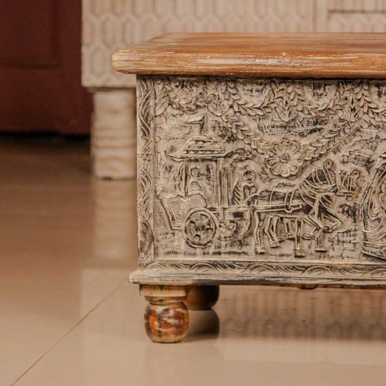 Tribal art carved wooden treasure box – handcrafted decorative pitara