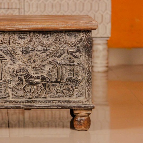 Tribal art carved wooden treasure box – handcrafted decorative pitara