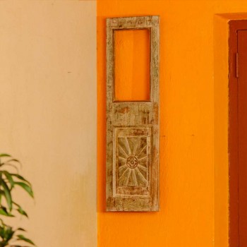 Reclaimed old wooden single window panel converted into rustic wall mirror with distressed vintage finish