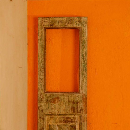 Reclaimed old wooden single window panel converted into rustic wall mirror with distressed vintage finish