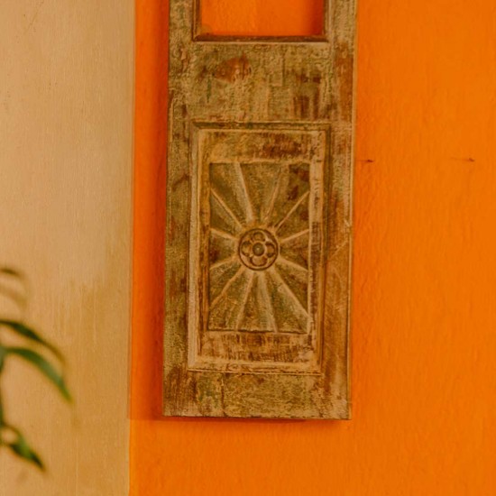 Reclaimed old wooden single window panel converted into rustic wall mirror with distressed vintage finish