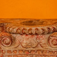 Reclaimed wood candle holder tabletop with red accent – handcrafted home décor