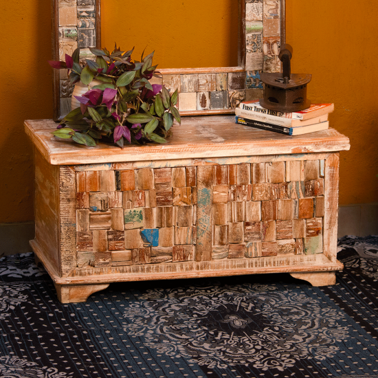 Reclaimed wood mosaic treasure box pitara – rustic wooden storage chest front view Reclaimed wood mosaic treasure box pitara – rustic wooden storage chest front view