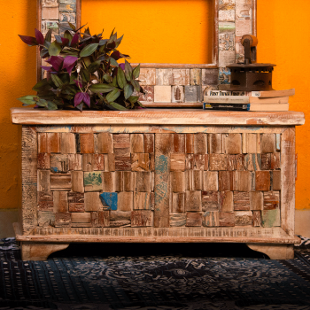 Reclaimed wood mosaic treasure box pitara – rustic wooden storage chest front view