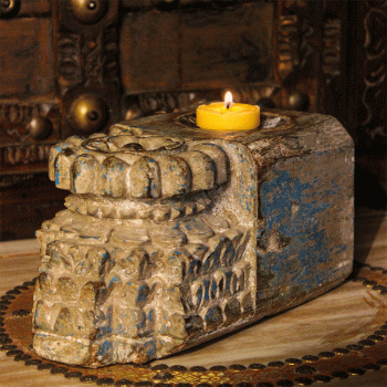 Hand-carved reclaimed wooden pillar piece candle stand with iron detail