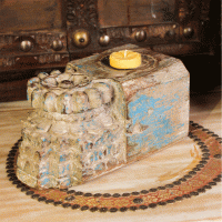 Hand-carved reclaimed wooden pillar piece candle stand with iron detail Hand-carved reclaimed wooden pillar piece candle stand with iron detail