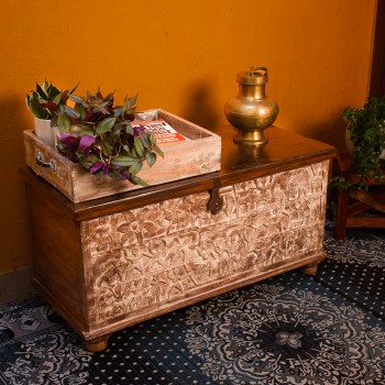 Tribal art carved wooden pitara treasure box – front view carved wood chest Tribal art carved wooden pitara treasure box – front view carved wood chest