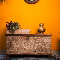 Tribal art carved wooden pitara treasure box – front view carved wood chest Tribal art carved wooden pitara treasure box – front view carved wood chest
