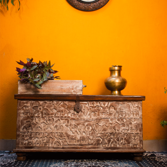 Tribal art carved wooden pitara treasure box – front view carved wood chest Tribal art carved wooden pitara treasure box – front view carved wood chest