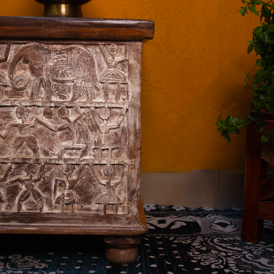 Tribal art carved wooden pitara treasure box – front view carved wood chest Tribal art carved wooden pitara treasure box – front view carved wood chest