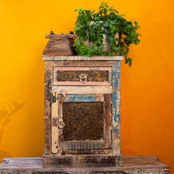 Ethnic style coin-inlay bedside nightstand – front drawer view