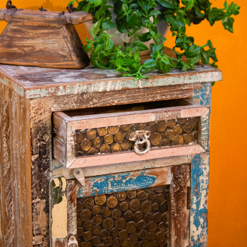 Ethnic style coin-inlay bedside nightstand – front drawer view