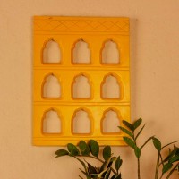Bright yellow handcrafted 9 bari wall decor featuring traditional arch cutouts, perfect for adding a vibrant ethnic touch to walls.