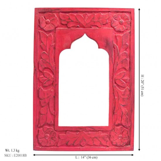 Floral Wooden Stylish Mirror Jharokha Frame - Red  