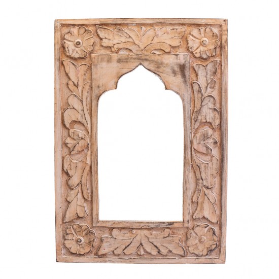 Floral Wooden Stylish Mirror Jharokha Frame - Light Brown