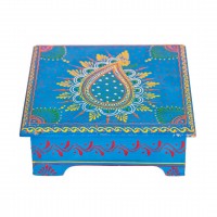 Hand Painted Blue Cone Art Wooden Chowki 8 x 8 inches