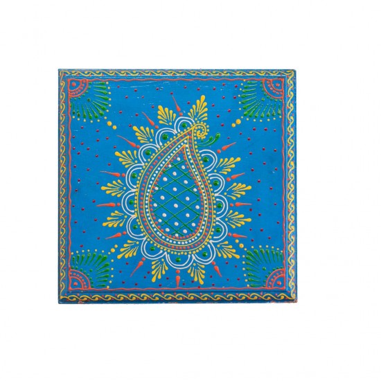 Hand Painted Blue Cone Art Wooden Chowki 8 x 8 inches