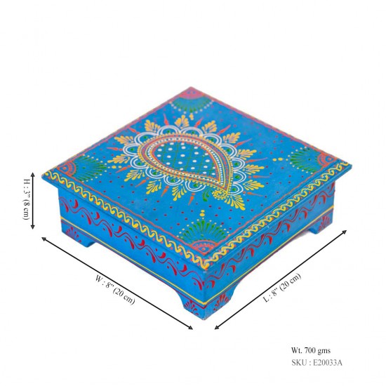 Hand Painted Blue Cone Art Wooden Chowki 8 x 8 inches