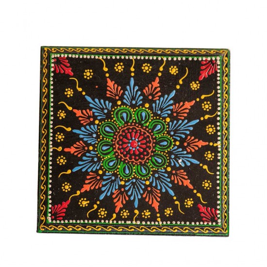 Hand Painted Black Cone Art Wooden Chowki 8 x 8 inches