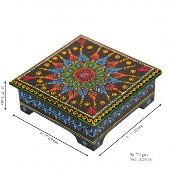 Hand Painted Black Cone Art Wooden Chowki 8 x 8 inches