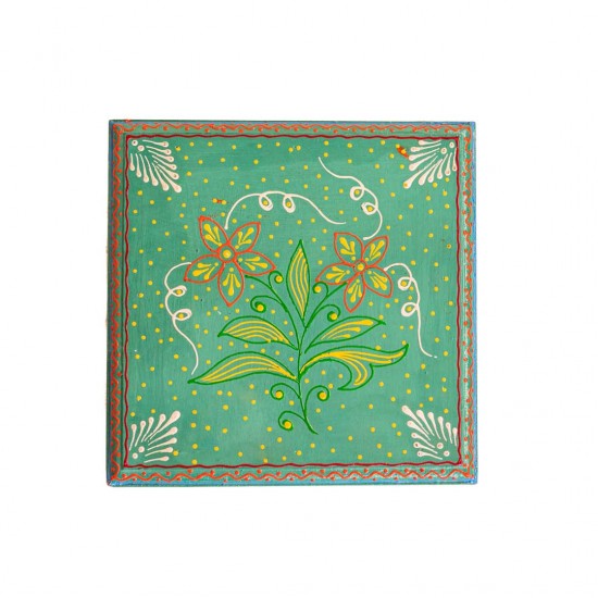 Hand Painted Green Cone Art Wooden Chowki 8 x 8 inches