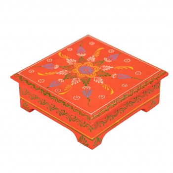 Hand Painted Orange Cone Art Wooden Chowki 8 x 8 inches