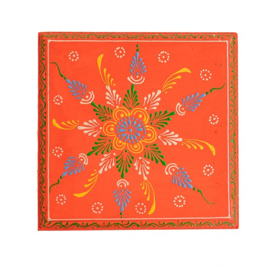 Hand Painted Orange Cone Art Wooden Chowki 8 x 8 inches