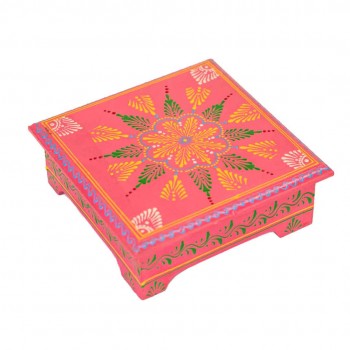 Hand Painted Pink Cone Art Wooden Chowki 8 x 8 inches