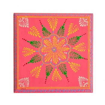 Hand Painted Pink Cone Art Wooden Chowki 8 x 8 inches