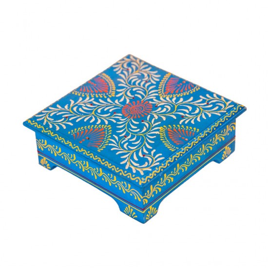 Hand Painted Cone Art Wooden Chowki - Blue 8 x 8 inches