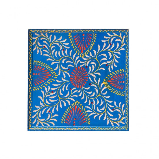Hand Painted Cone Art Wooden Chowki - Blue 8 x 8 inches