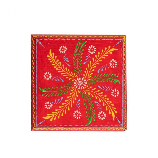 Hand Painted Cone Art Wooden Chowki - Red 8 x 8 inches