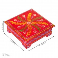 Hand Painted Cone Art Wooden Chowki - Red 8 x 8 inches