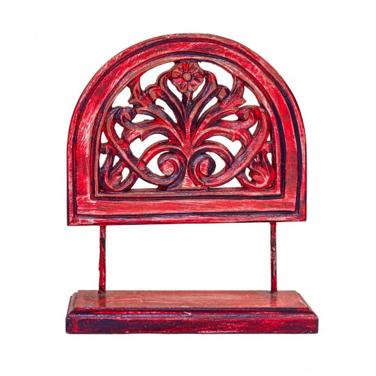 Wooden Show Piece Stand With Floral Wooden Carving - Red 