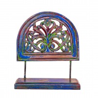 Wooden Show Piece Stand With Floral Wooden Carving - Blue