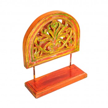 Wooden Show Piece Stand With Floral Wooden Carving - Yellow