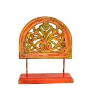 Wooden Show Piece Stand With Floral Wooden Carving - Yellow