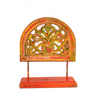 Wooden Show Piece Stand With Floral Wooden Carving - Yellow