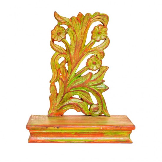 Wooden Show Piece Stand With Floral Wooden Carving - Heena Green