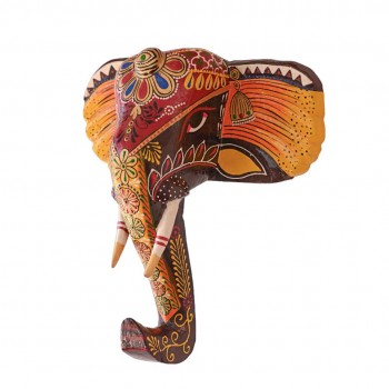 Hand Painted Wooden Elephant Face Wall Piece - Brown