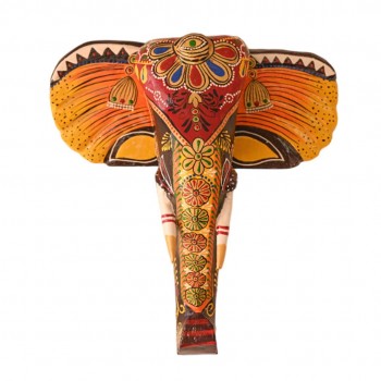 Hand Painted Wooden Elephant Face Wall Piece - Brown