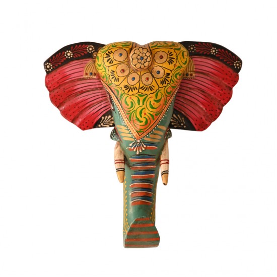 Hand Painted Wooden Elephant Face Wall Piece - Blue
